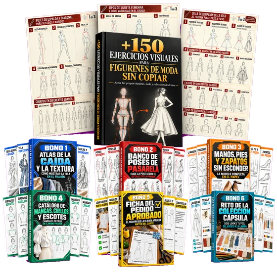 +150 Ejercicios Visuales para Figurines de Moda sin Copiar, las fichas y los seis bonos