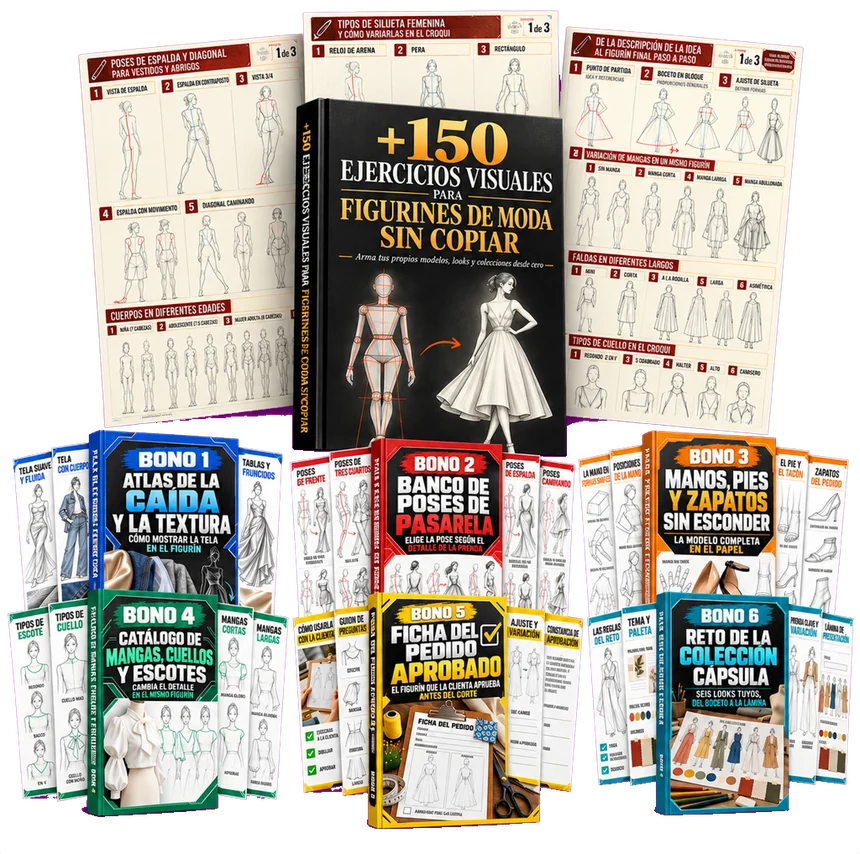 +150 Ejercicios Visuales para Figurines de Moda sin Copiar, paquete completo